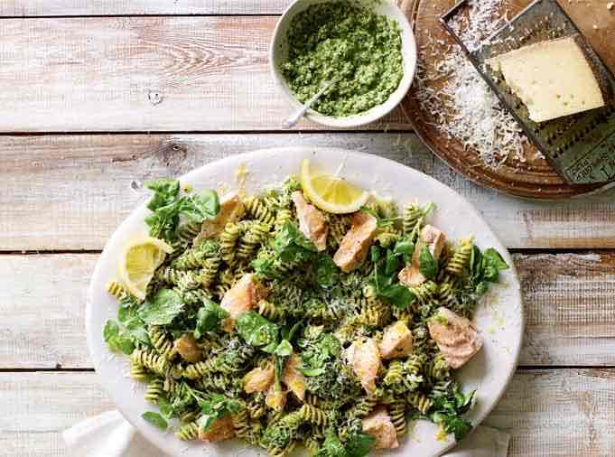 Pea and watercress pesto pasta with lemony salmon